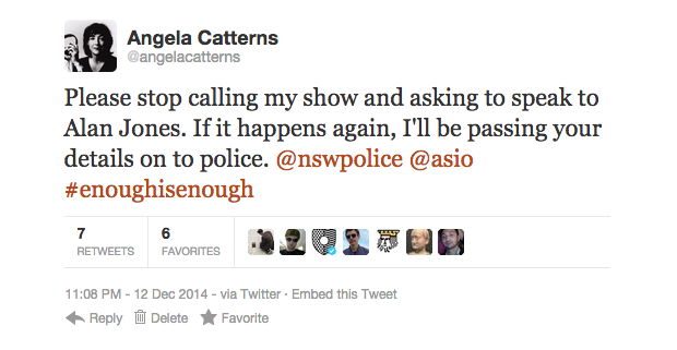 Presenter Angela Catterns has clearly had enough with people calling her show asking to speak with Alan Jones. SOURCE: pedestrian.tv