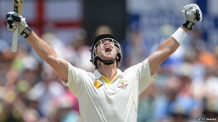 Shane Watson lets out a euphoric cheer at the 100 mark, one of the four test centuries in his entire career.