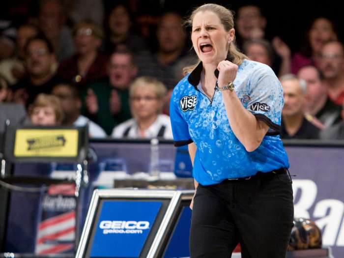 Ten pin bowling revolutionary, Kelly Kulick reacts during the PBA Tournament of Champions on Sunday. Kulick made history as the first woman to win a PBA Tour title with a 265-195