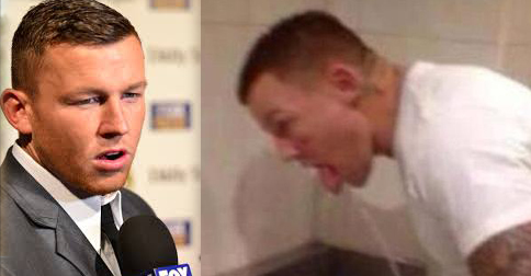 Left: Carney confronts the media about his checkered past. Right: Carney drinks his own pee-pee at the Cronulla Northies early last year