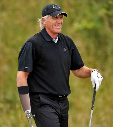 Australian golfer Greg Norman returns to golf with a prostetic arm after a chainsaw accident. PHOTO: AP/LOS ANGELES TIMES