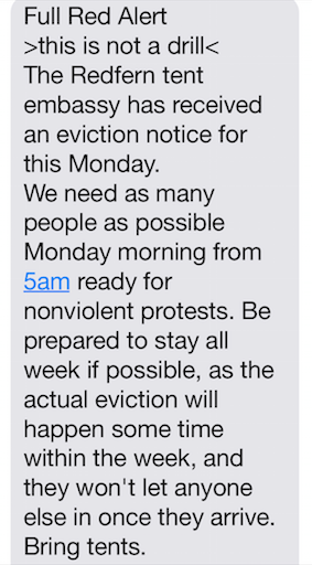 The "Call to arms" sent out to all residents of Redfern. Asking all locals to come and protest the eviction. This messages was predominantly ignored by hipsters.