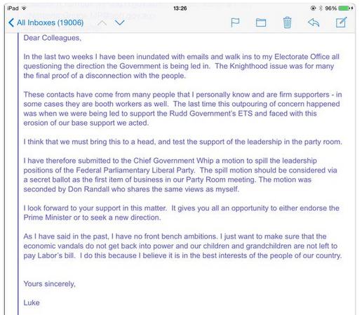 An internal email from Luke Simpkins MP explaining why he filed the spill motion.  SOURCE: WikiLeaks