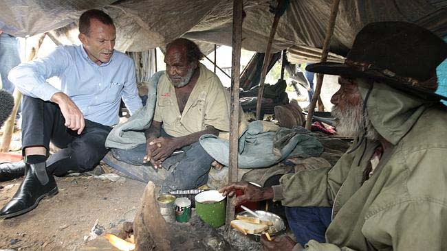 Tony Abbott asking Aboriginal men why the hell they would want to live in a tent. Hoppy's Camp in Alice Springs.