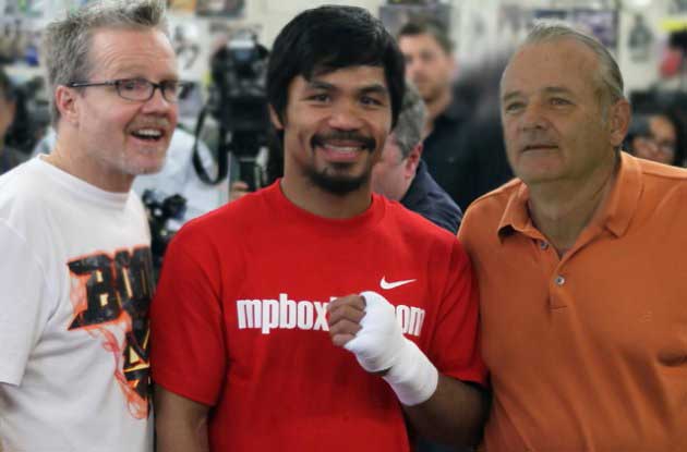 Manny Pacquiao poses with his trainer Freddie Roach (Left) and long-time comedy idol, Bill Murray (Right) earlier this year.