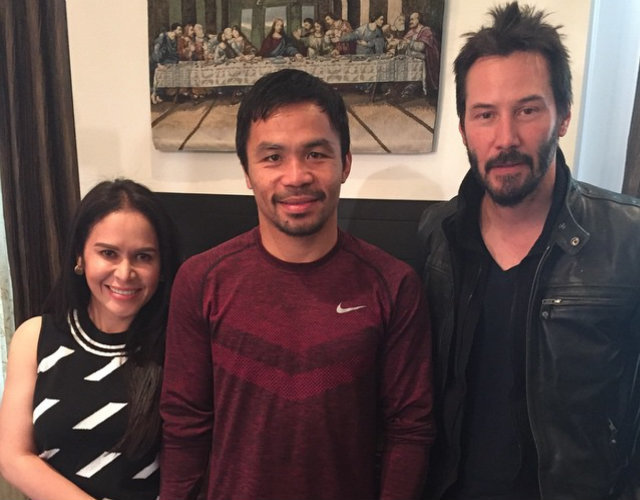 Manny Pacquiao poses with his wife and close friend, Keanu Reeves. The instagram caption reads:  “Thank you Keanu Reeves for visiting me and my wife Jinkee. God Bless you always,” 