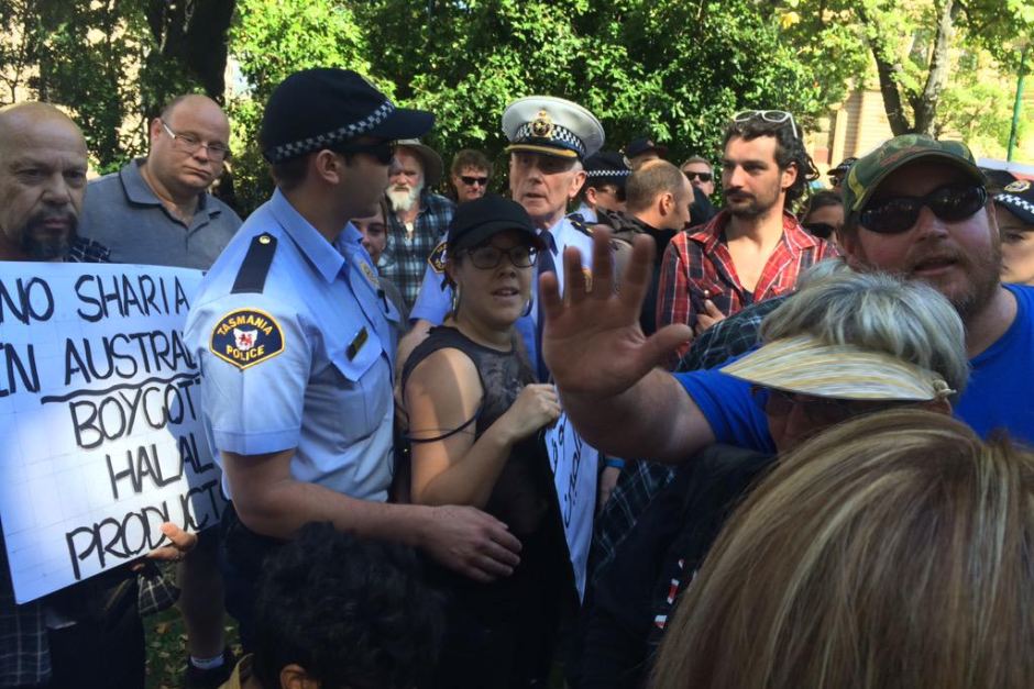 Police kept a close eye on Australian culture protests in Hobart's Franklin Square.