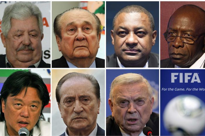 Seven of the men charged over corruption within FIFA (from left to right, from upper row): Rafael Esquivel, Nicolas Leoz, Jeffrey Webb, Jack Warner, Eduardo Li, Eugenio Figueredo and Jose Maria Marin. PHOTO: AFP