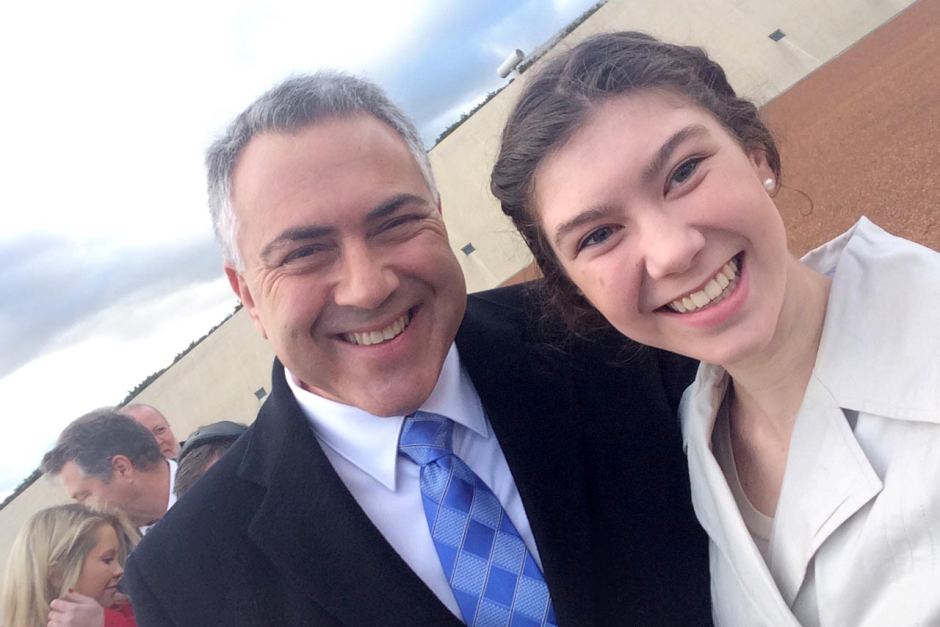 Joe Hockey poses for a selfie with an emotional supporter. One of many "friends of Joe" who are sad to see him leave as 2IC