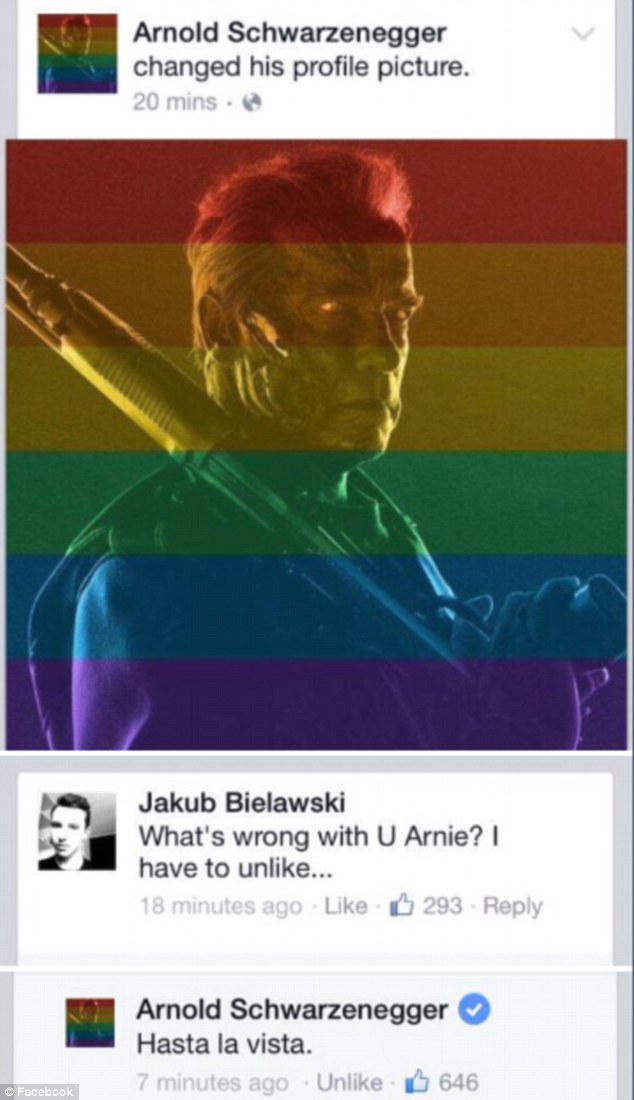 Arnold responds to a homophobe's angry response to his rainbow fllter