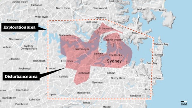 The disturbance area of the Shenhua Watermark coal mine is 1½ times larger than the City of Sydney. Illustration: Fairfax Media