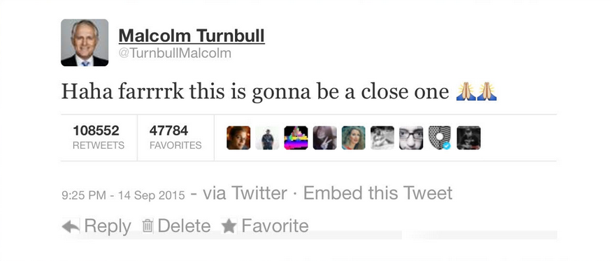 Malcolm X live-tweets the Liberal Party leadership challenge under his previous title, Malcolm Turnbull