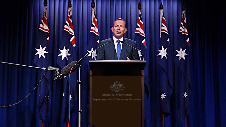 Prime Minister Tony Abbott makes a National Security statement at the headquarters for Australia's new off-planetary detention program