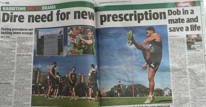 The first three pages of todays sport section, a dedicated to an alleged prescription drug syndicate within a series of alleged Rugby League franchises