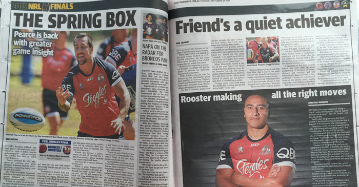 An entire two pages dedicated to the Sydney Roosters Rugby League team disguised as a RWC spread, by using the headline "Spring Box" instead of "Springboks" (South Africa's International Rugby Union team)
