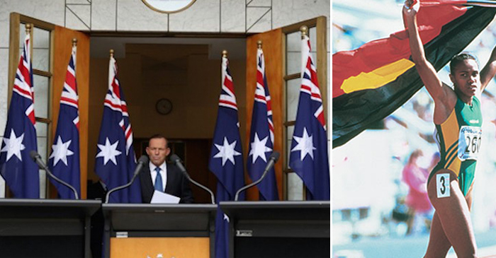 Left: Famously racist former-Prime Minister Tony Abbott (two flags have been cropped from this photo) Right: Olympic Gold Medal-winning Aboriginal athlete, Cathy Freeman pays tribute to her mob with the Aboriginal flag
