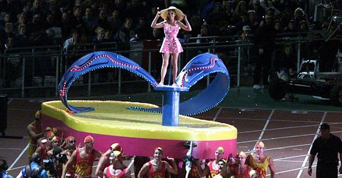 Australian pop star Kylie Minogue enters the Sydney 2000 Olympics closing ceremony on top of a giant thong, which was being carried by life savers. An iconic moment in the Australian narrative.