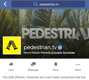 Pedestrian's facebook page lists them as an online hub for news, media and cocaine socialism