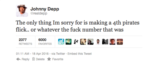 Johnny Depp appears to make no apologies.