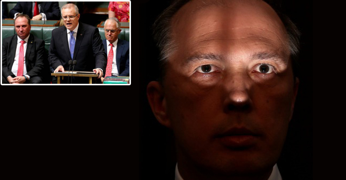 Left: Peter Dutton sits behind Scott Morrison for the reading of the budget. Right: That scary photo of dutton
